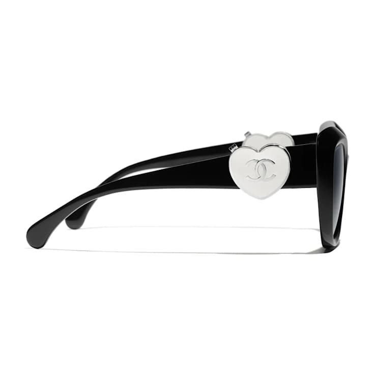 Chanel Black Cat Eye with Silver Tone Heart Detail Frame / Gray Lenses Sunglasses