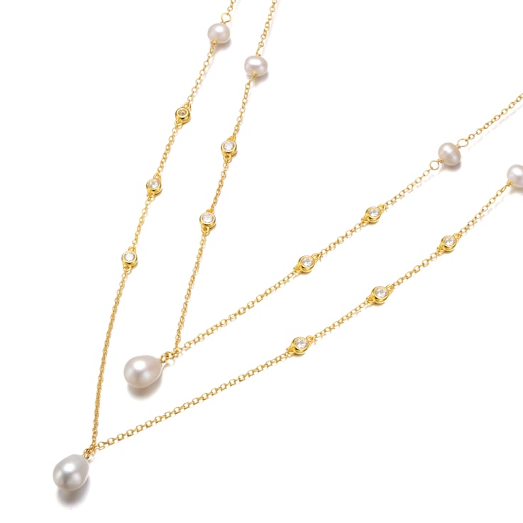 Pear Shape Freshwater Pearl Layered Necklace In 14K Gold Over Sterling Silver