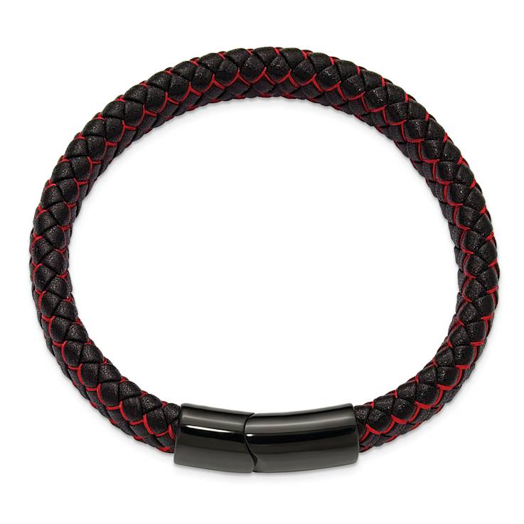 Stainless Steel Polished Black Ion Plated Black Leather and Red Fabric
8.25-inch Bracelet