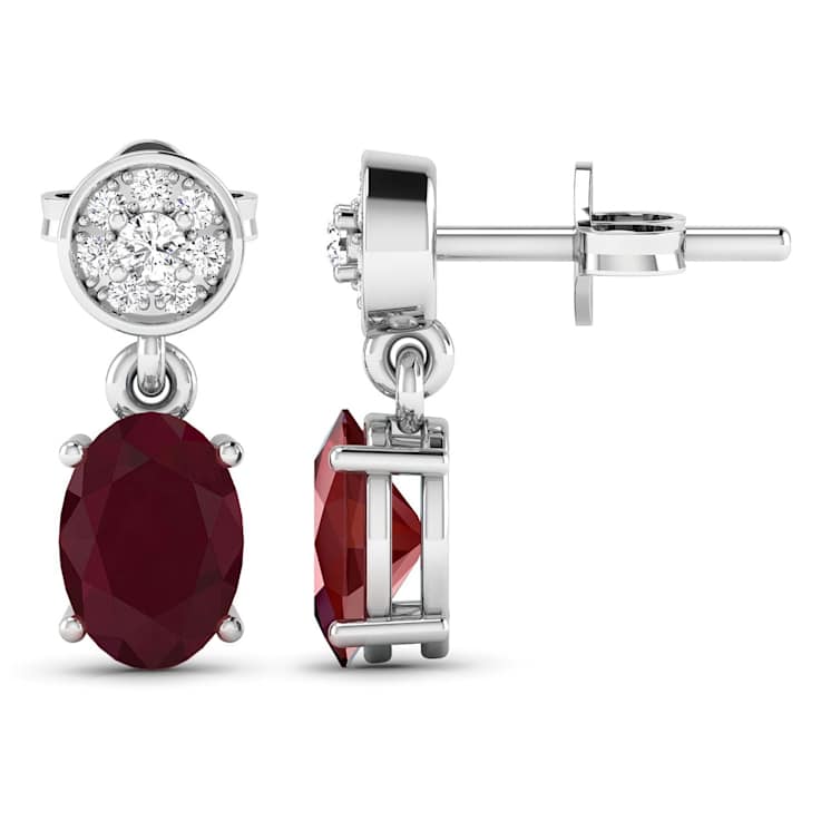 1.70ctw 14K White Gold  Red Ruby and White Diamond Halo Earrings