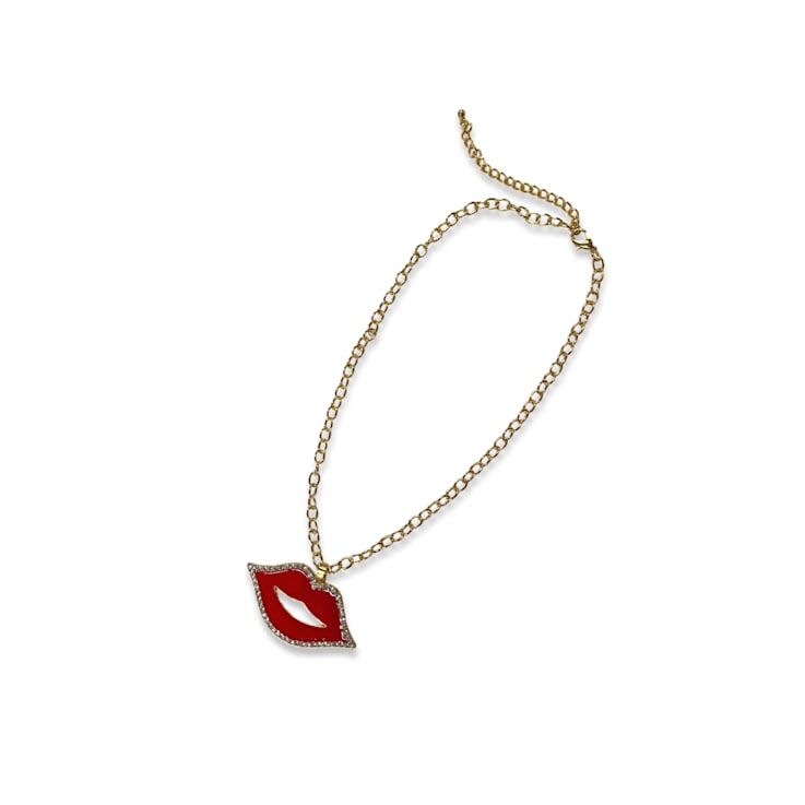 Red Lip with Crystal Pendant Necklace