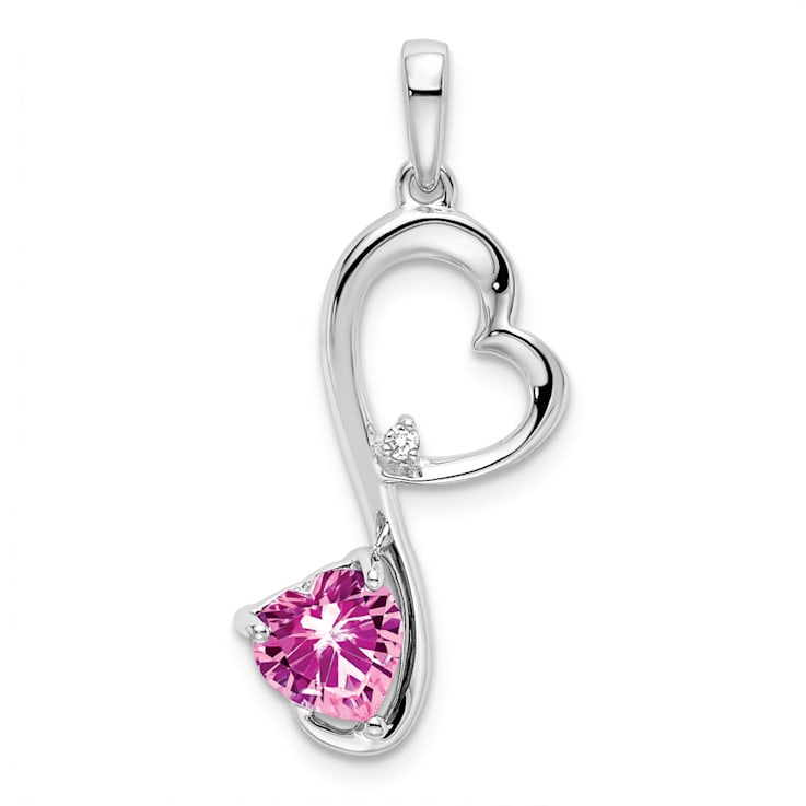 Rhodium Over 14k White Gold Lab Created Pink Sapphire and Diamond Heart Pendant