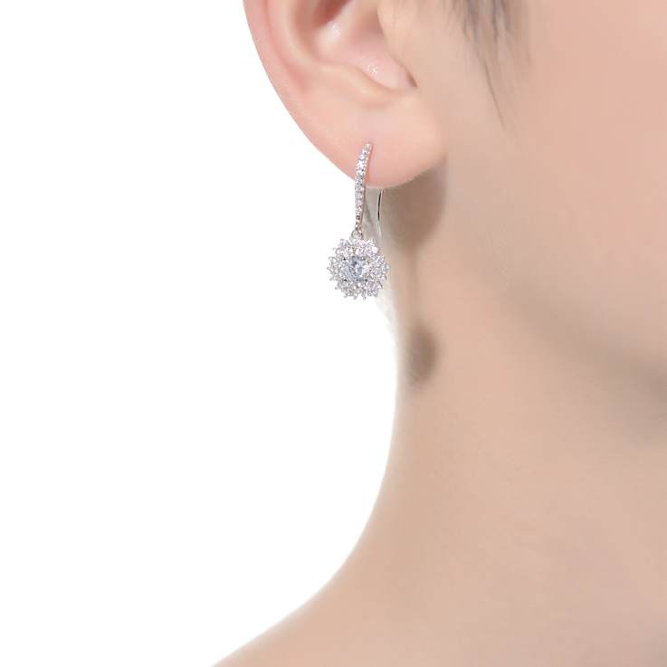 CZ Snowflake Cluster Drop Earrings In White Rhodium Over Brass