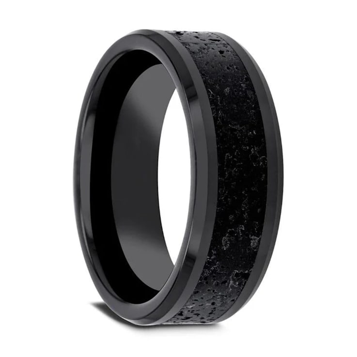 VESUVIUS Men’s Polished Black Ceramic Band with Lava Rock Stone Inlay
& Polished Beveled Edges 8mm