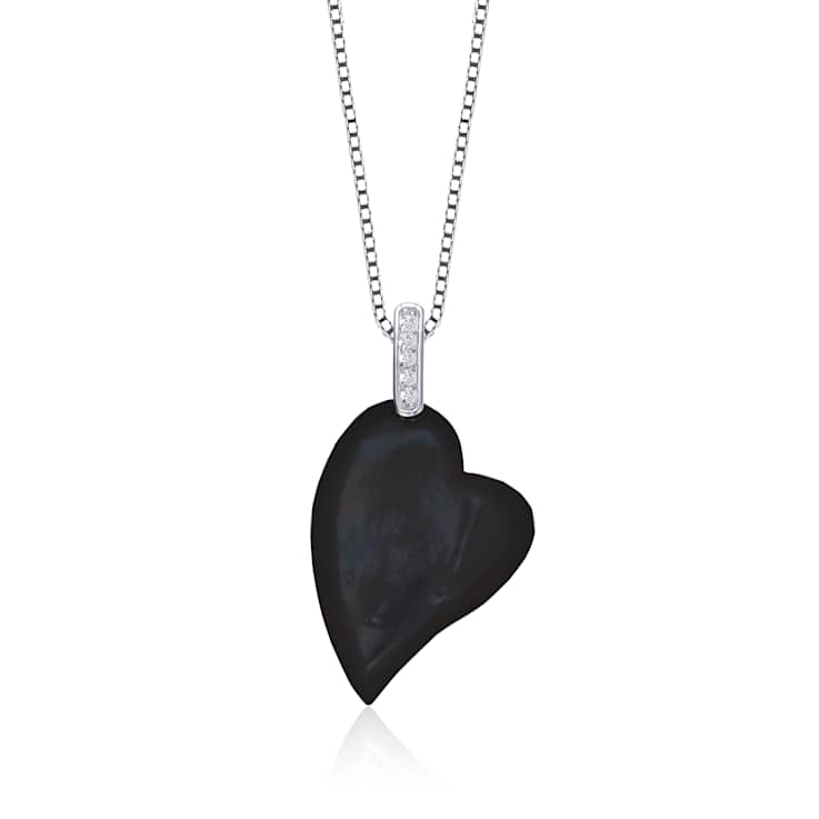 CZ And Black Mother Of Pearl Heart Pendant Necklace In Sterling Silver