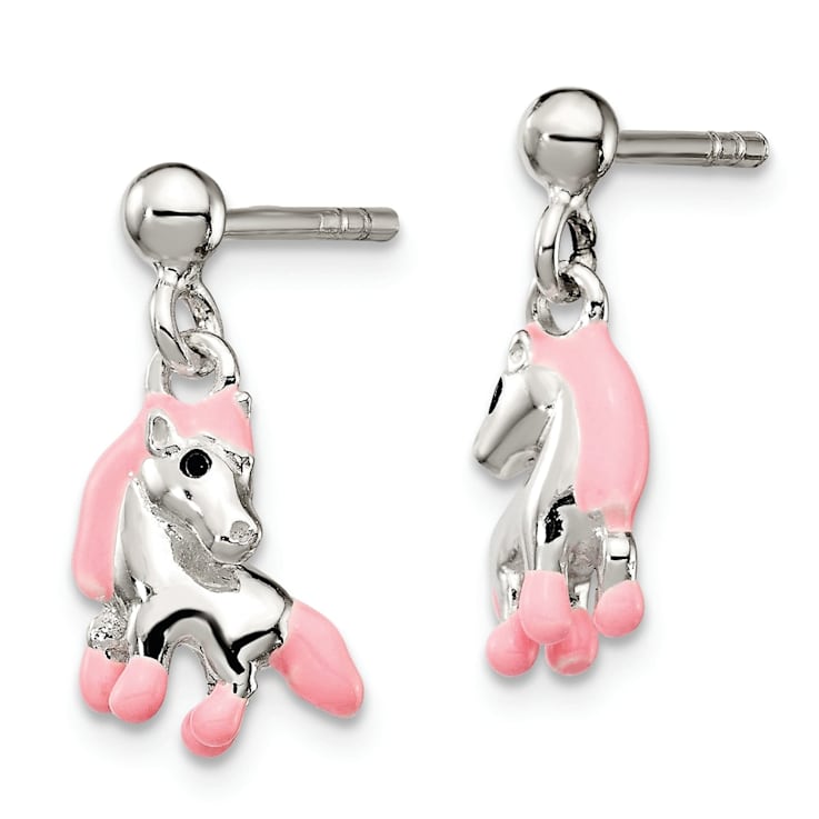 Sterling Silver Pink Enamel Horse Children's Post Dangle Earrings