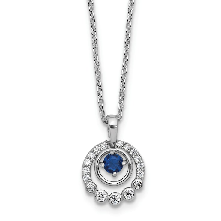 Rhodium Over Sterling Silver Polished Cubic Zirconia and Blue Glass with
2 Inch Extension Necklace