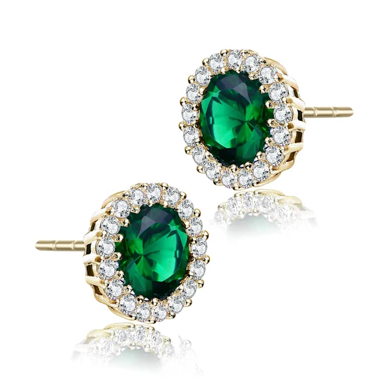Emerald Color CZ Halo Stud Earrings In 14K Gold Over Sterling Silver