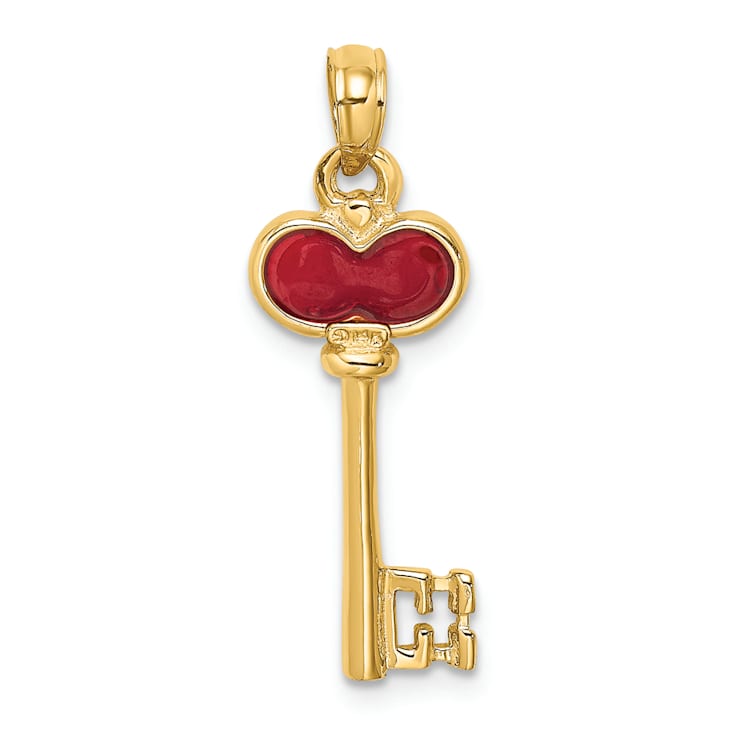 14k Yellow Gold Polished 3D Red Enameled Heart Key Charm