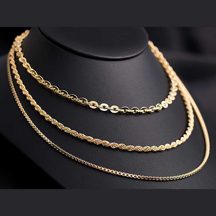 Box, Rope And Cable Link Chain Necklace Set In 18K Gold Over Bronze