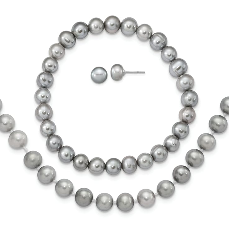 Rhodium Over Sterling Silver 7-8mm Gray Freshwater Pearl Earring
Bracelet Necklace Set