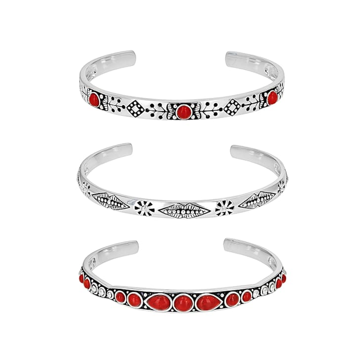 Red Coral Sterling Silver Cuff Bracelet Set Of 3