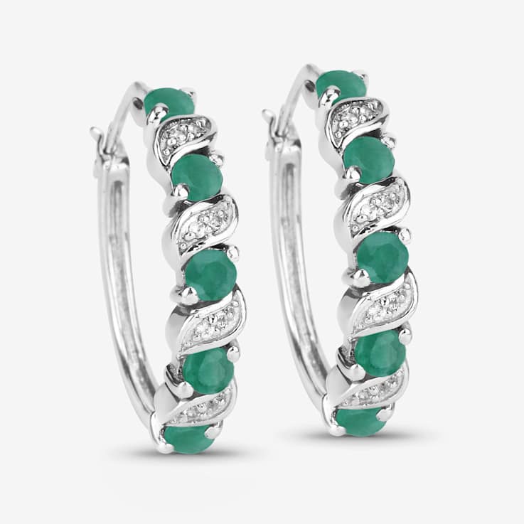 Green Emerald and White Topaz Sterling Silver Hoop Earrings
