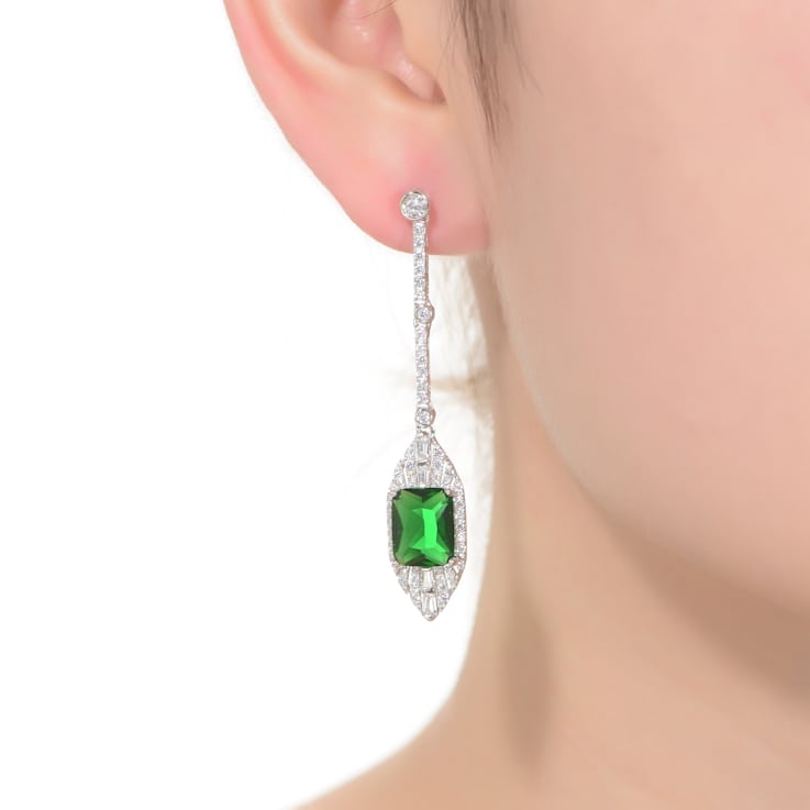 Emerald Color CZ Square Drop Earrings In Sterling Silver