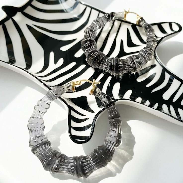14K Yellow Gold Over Sterling Silver Bamboo Acrylic Hoops in Blackberry