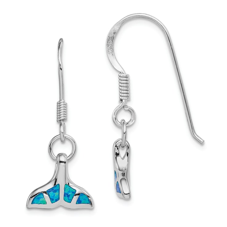 Rhodium Over Sterling Silver Lab Created Opal Dolphin Tail Dangle Earrings