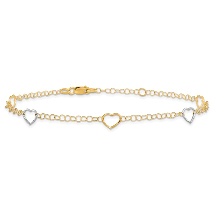 14K Two-tone Polished Heart with 1-inch Extension Anklet
