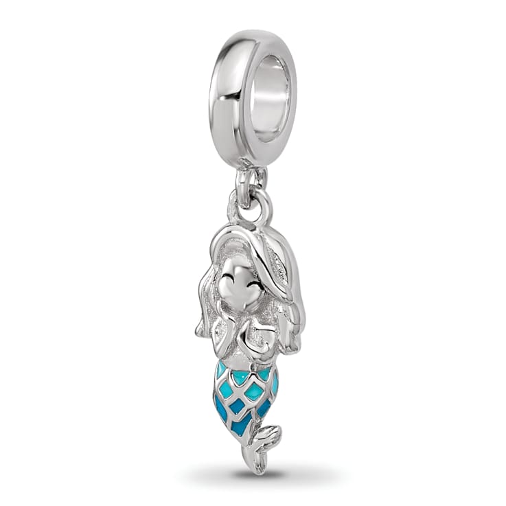 Sterling Silver Rhodium-plated Enamel Mermaid Dangle Bead