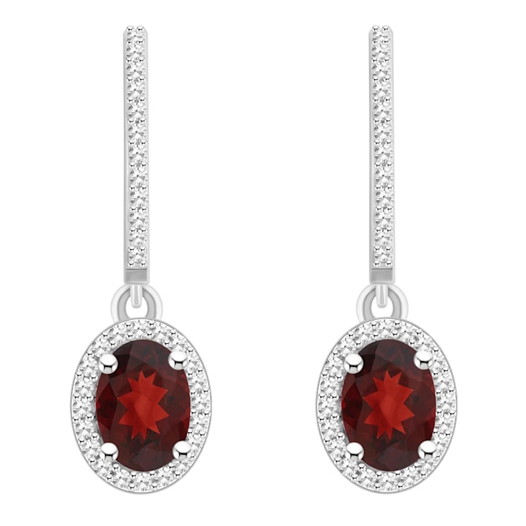 7x5mm Oval Garnet 1/3 ctw Diamond Rhodium Over Sterling Silver Halo
Dangle Earrings