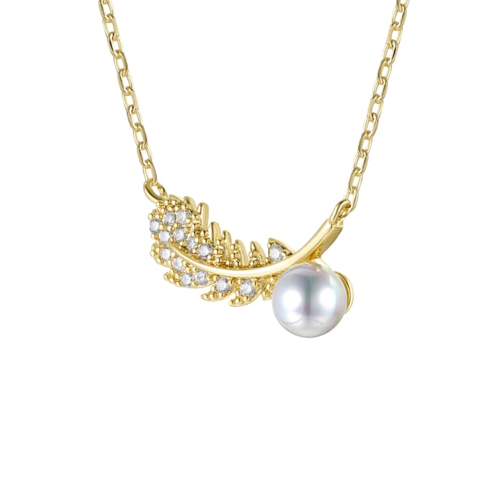 CZ And Pearl Simulant Fern Leaf Pendant Necklace In 14K Gold Over Brass
