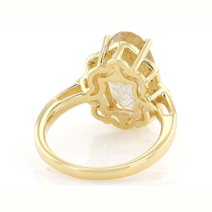 Golden Rutilated Quartz, Smoky Quartz And White Zircon Ring In 18K Gold
Over Sterling Silver 5.20ctw