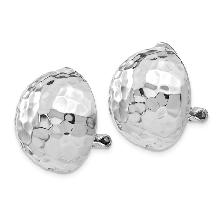 Rhodium Over 14k White Gold 18mm Hammered Non-pierced Stud Earrings