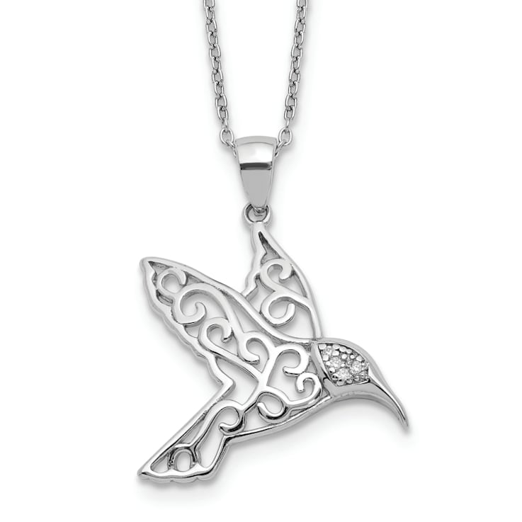 Rhodium Over Sterling Silver Cubic Zirconia Hummingbird Necklace