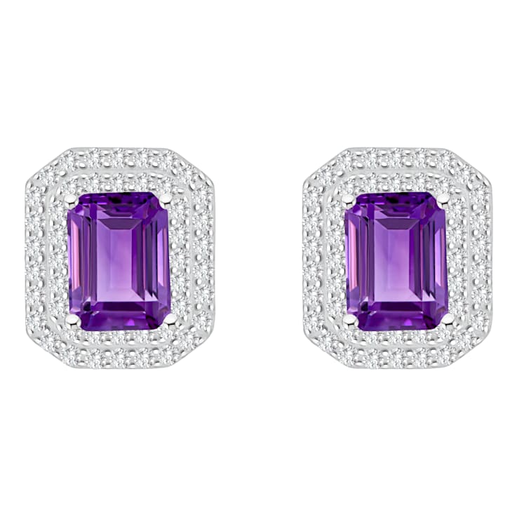 8x6mm Emerald Cut Amethyst And White Topaz Accent Rhodium Over Sterling
Silver Double Halo Earrings