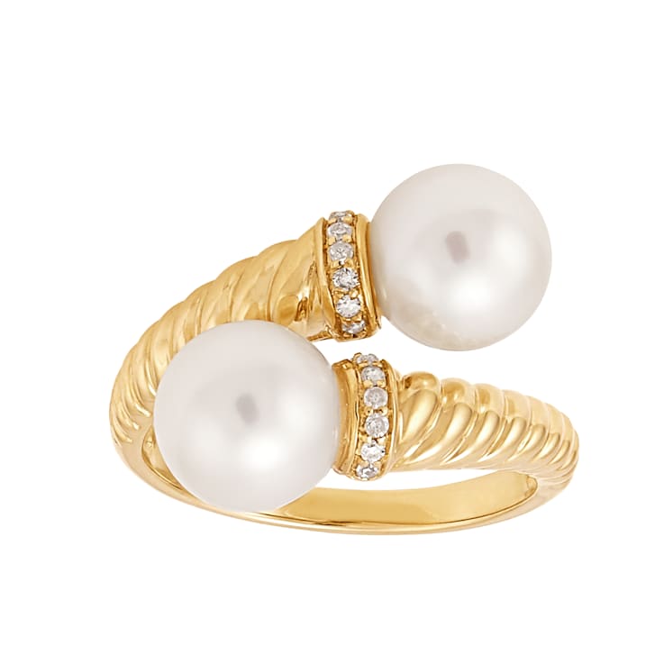 8-8.5mm Round White Freshwater Pearl 10K Yellow Gold Bypass Ring