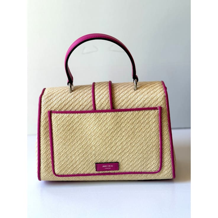 Jimmy Choo Cheri Crystal Medium Top Handle Bag Raffia Pink