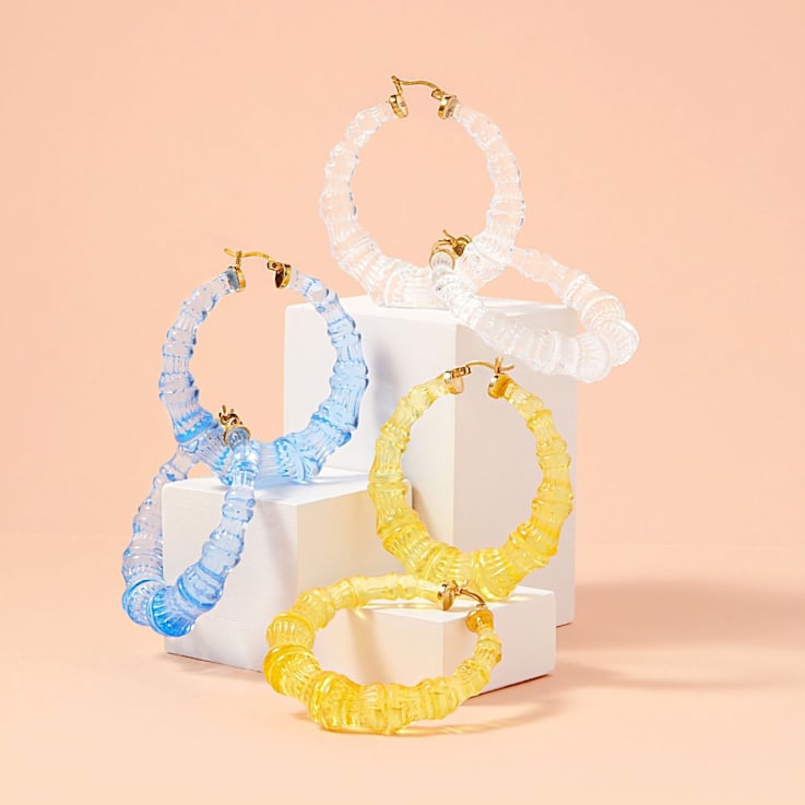 14K Yellow Gold Over Sterling Silver Bamboo Acrylic Hoops in Clear