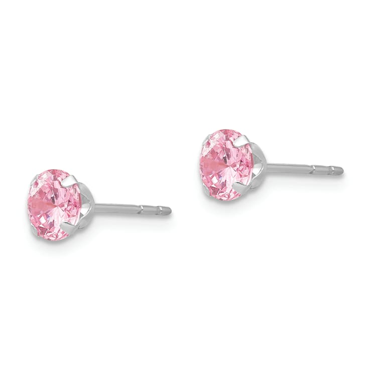 Rhodium Over 14k White Gold 5mm Pink Cubic Zirconia Stud Earrings
