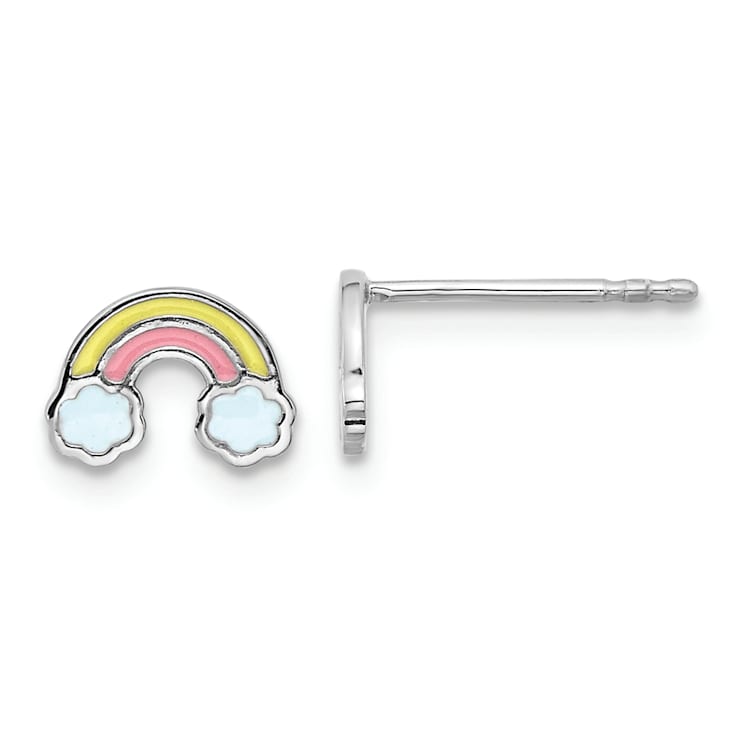 Rhodium Over Sterling Silver Enameled Rainbow Children's Post Earrings
