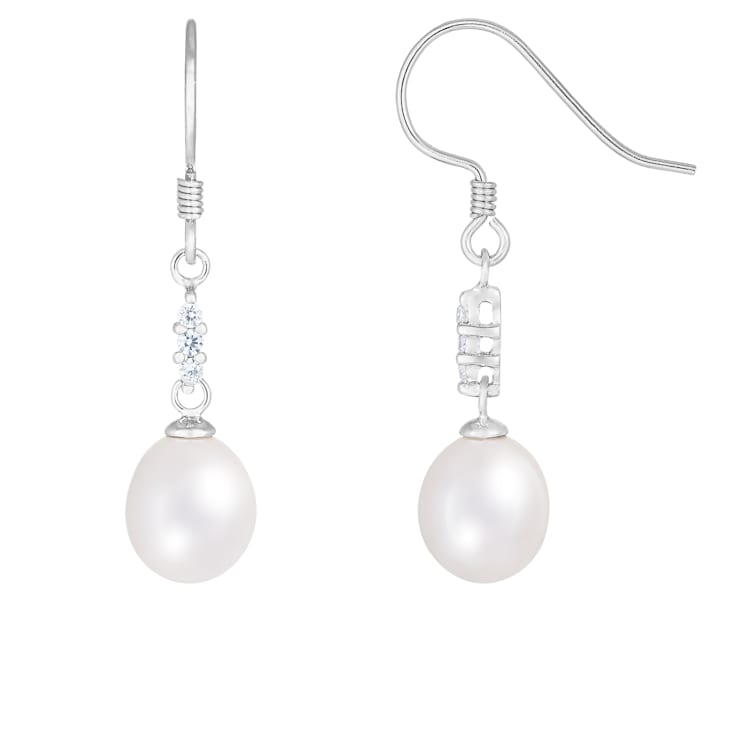 White Cultured Freshwater Pearl and Cubic Zirconia Rhodium Over Sterling
Silver 7-8mm Drop Earrings