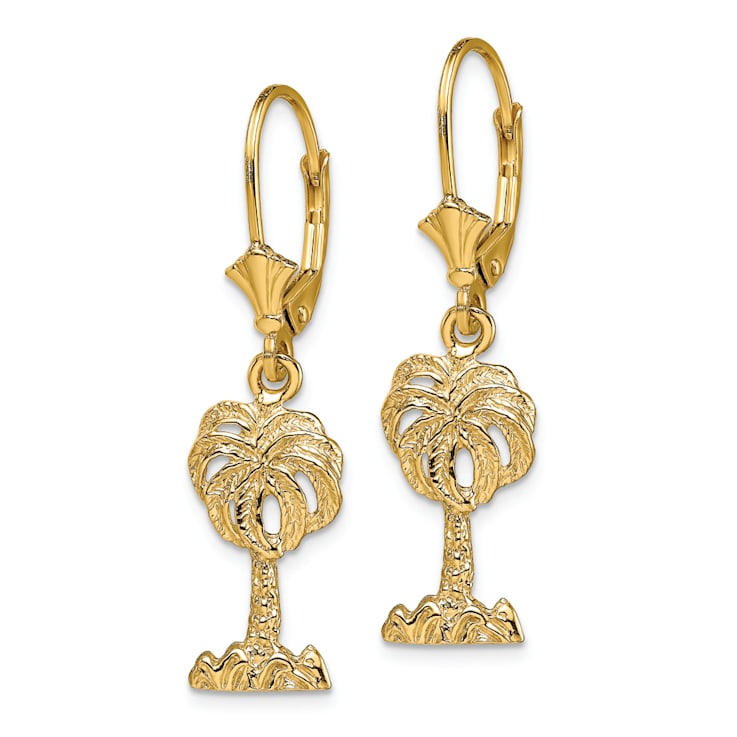 14K Yellow Gold Textured Palm Tree Dangle Earrings