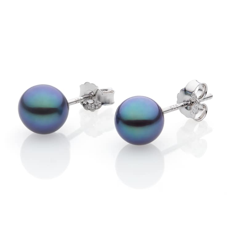 Black Cultured Freshwater Pearl Rhodium Over Sterling Silver Stud Earrings