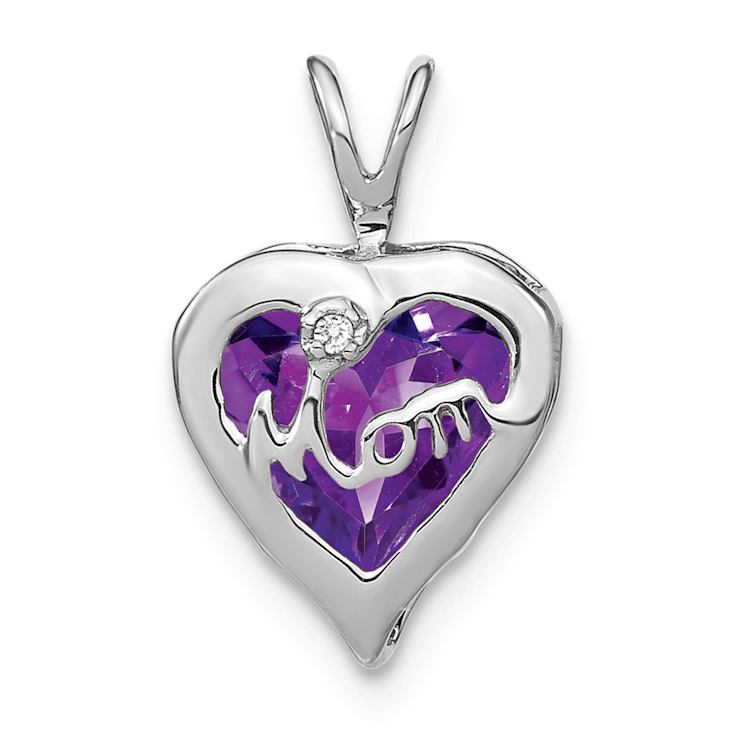 Rhodium Over 14k White Gold Amethyst and Diamond MOM Heart Pendant