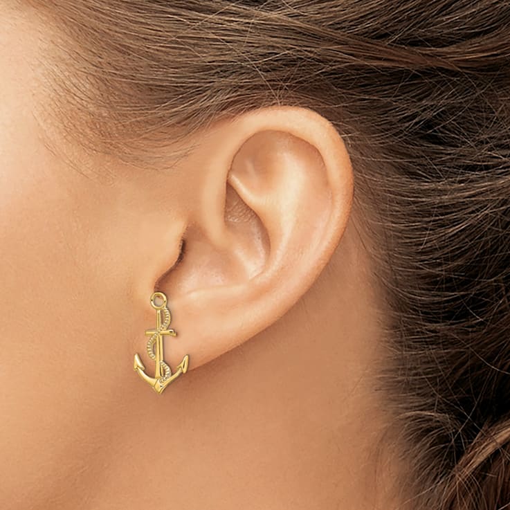 14k Yellow Gold Polished Textured Anchor with Rope Stud Earrings