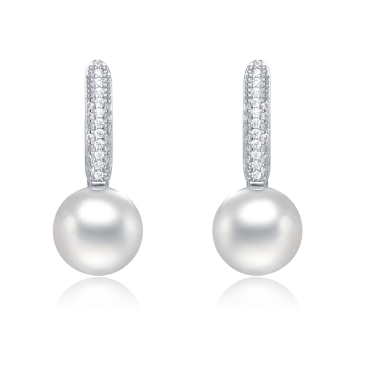 Pear Shape CZ And Pearl Simulant Drop Earrings In Sterling Silver