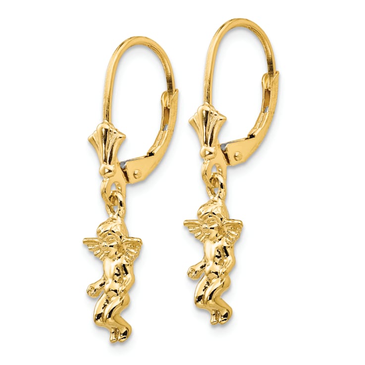 14k Yellow Gold Textured Angel Dangle Earrings