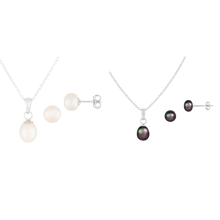 Black & White Cultured Freshwater Pearl Rhodium Over Sterling Silver
Pendant & Earring Set of 2