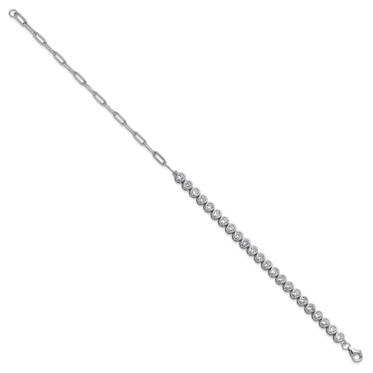 Rhodium Over Sterling Silver Bezel Set Cubic Zirconia and Paperclip Link Bracelet