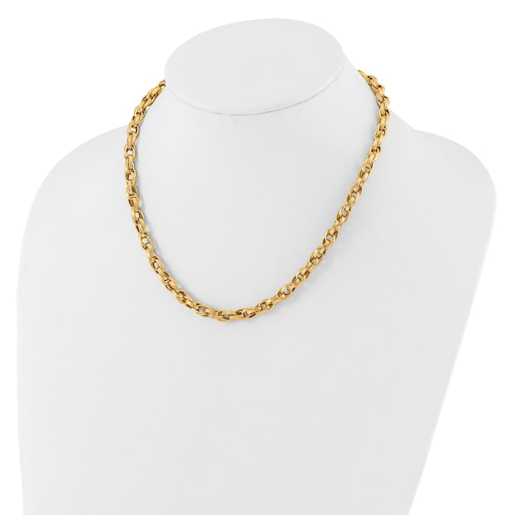 14K Yellow Gold Polished and Grooved Fancy Oval Link Necklace