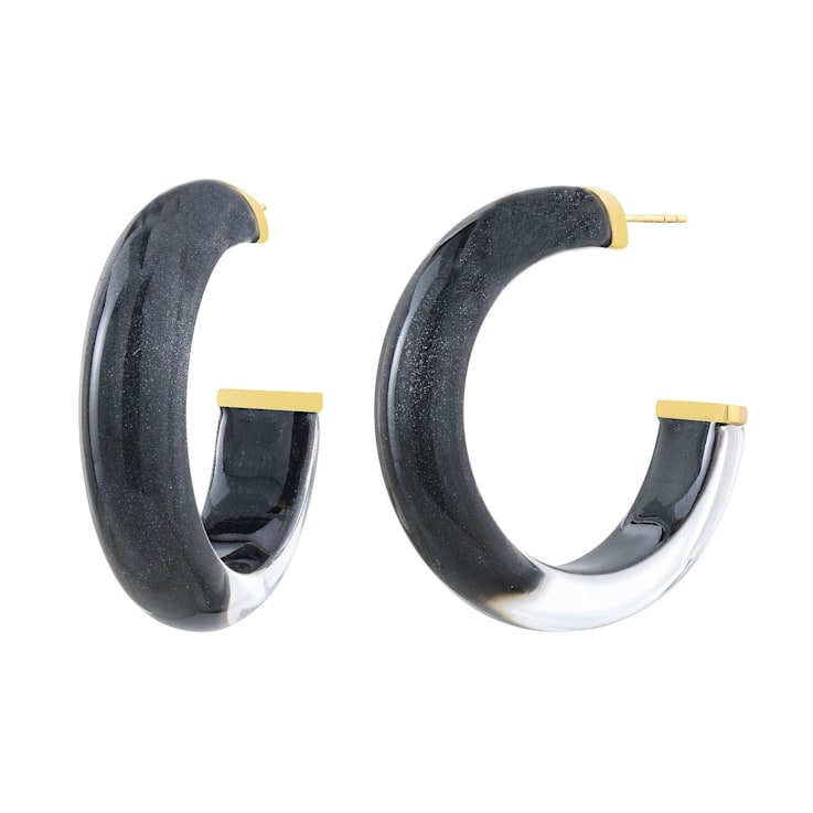 14K Yellow Gold Over Sterling Silver Medium Illusion Acrylic Hoops in Onyx