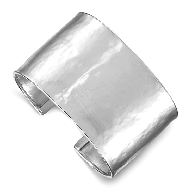Rhodium Over Sterling Silver 37mm Hammered Cuff Bracelet