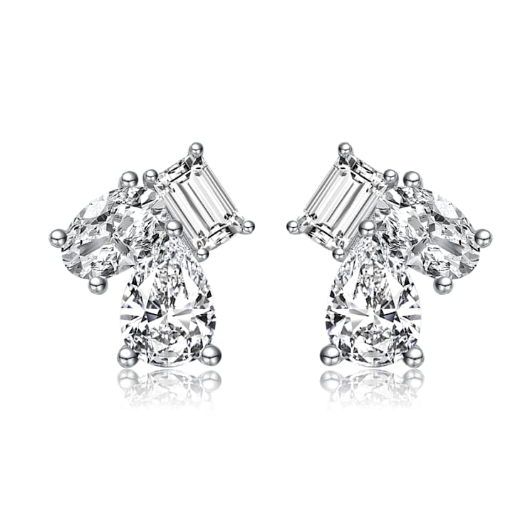 CZ Three-Stone Cluster Stud Earrings In Sterling Silver