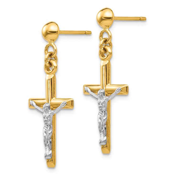 14k Two-tone Crucifix Dangle Earrings