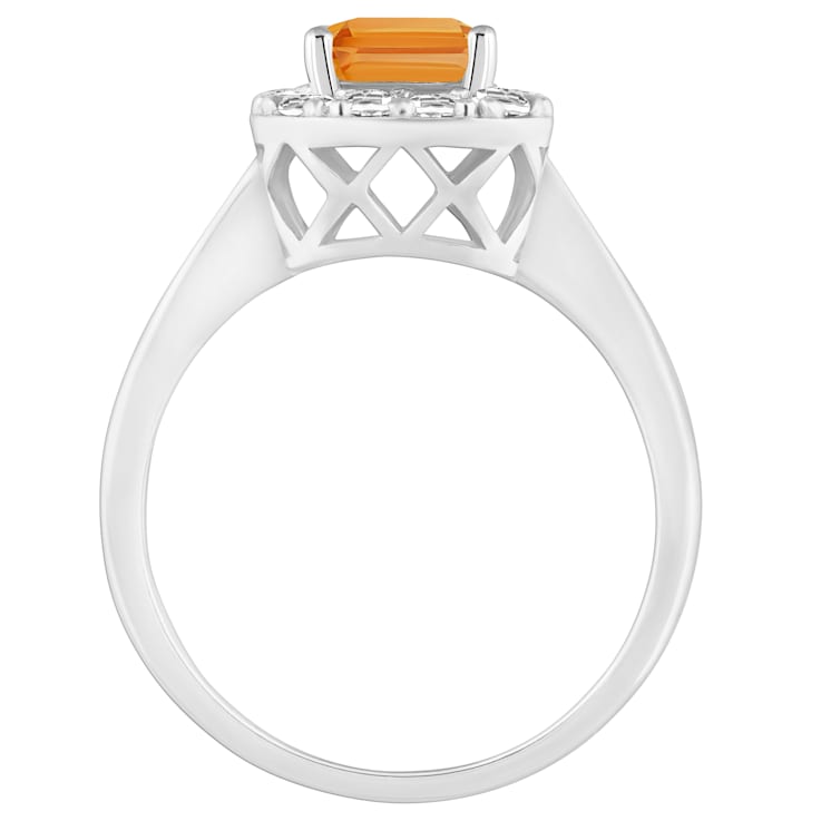 8x6mm Emerald Cut Citrine And White Topaz Accents Rhodium Over Sterling
Silver Halo Ring