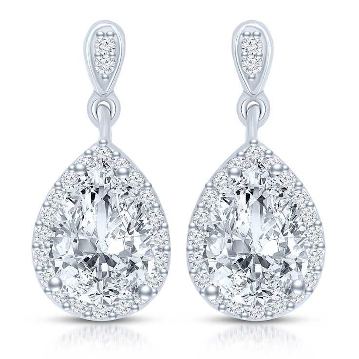 Pear Shape CZ Halo Drop Earrings In Sterling Silver