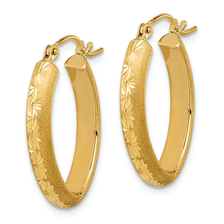 14k Yellow Gold 7/8" Polished Satin and Diamond-Cut Oval Hoop Earrings